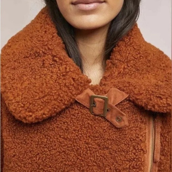 Marrakech Anthropologie Women size Small brown fuzzy Teddy Moto zip jacket - Picture 4 of 15